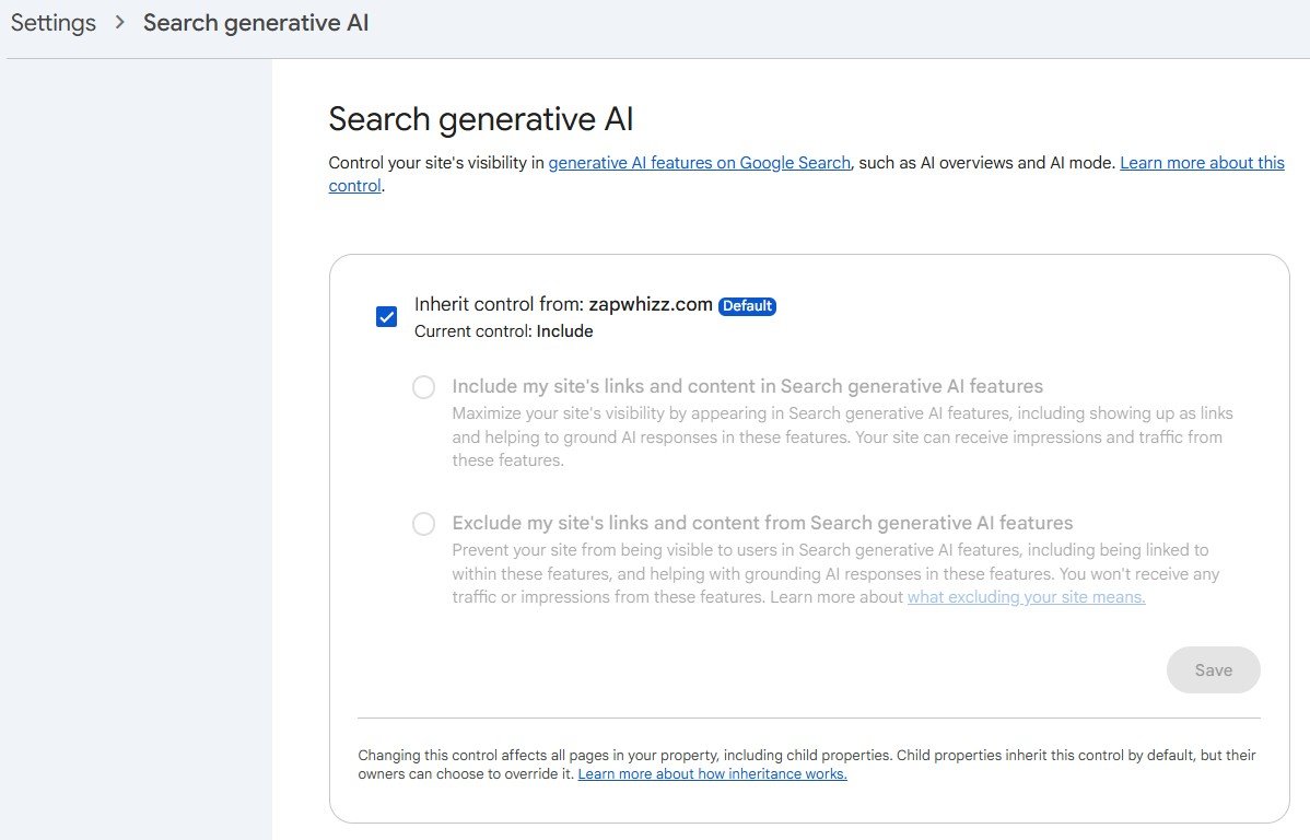 Generative AI Search Setting in Google Search Console